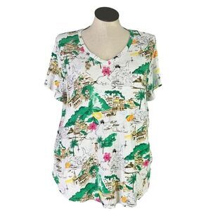 Cynthia Rowley T Shirt Women 2X White Multi V Neck Short Sleeve Amalfi Coast